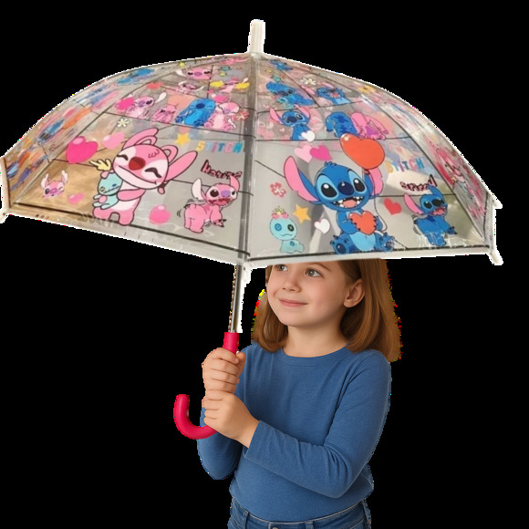 Disney Stitch  Auto Open Stick Transparent Umbrella 8 Fiberglass Ribs - Picture 1 of 4